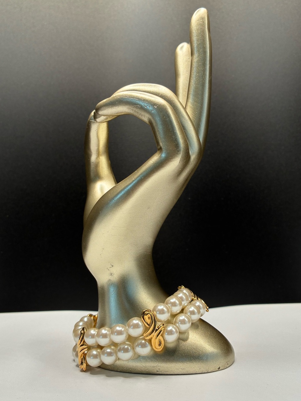 Gold-Tone Faux Pearl Double Strand Stretch Bracelet with Bow Accents